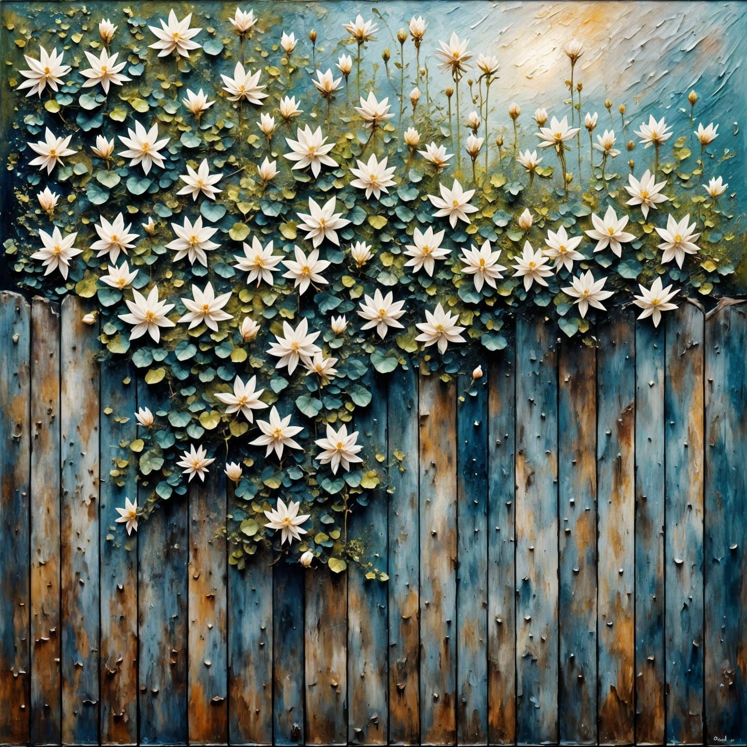 Vibrant Blooming Jasmine on a Weathered Picket Fence in Neo-...