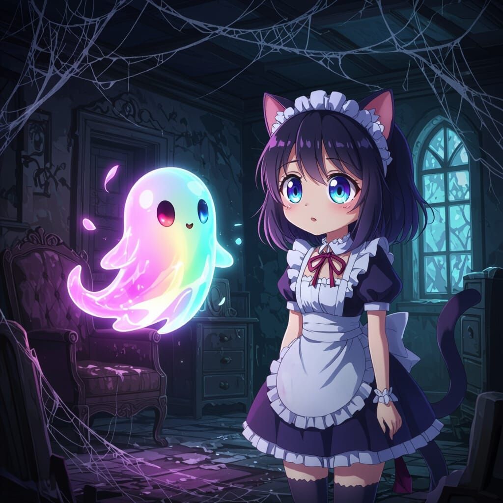Hypnotized Cat Girl Meets Colorful Ghost in Haunted House
