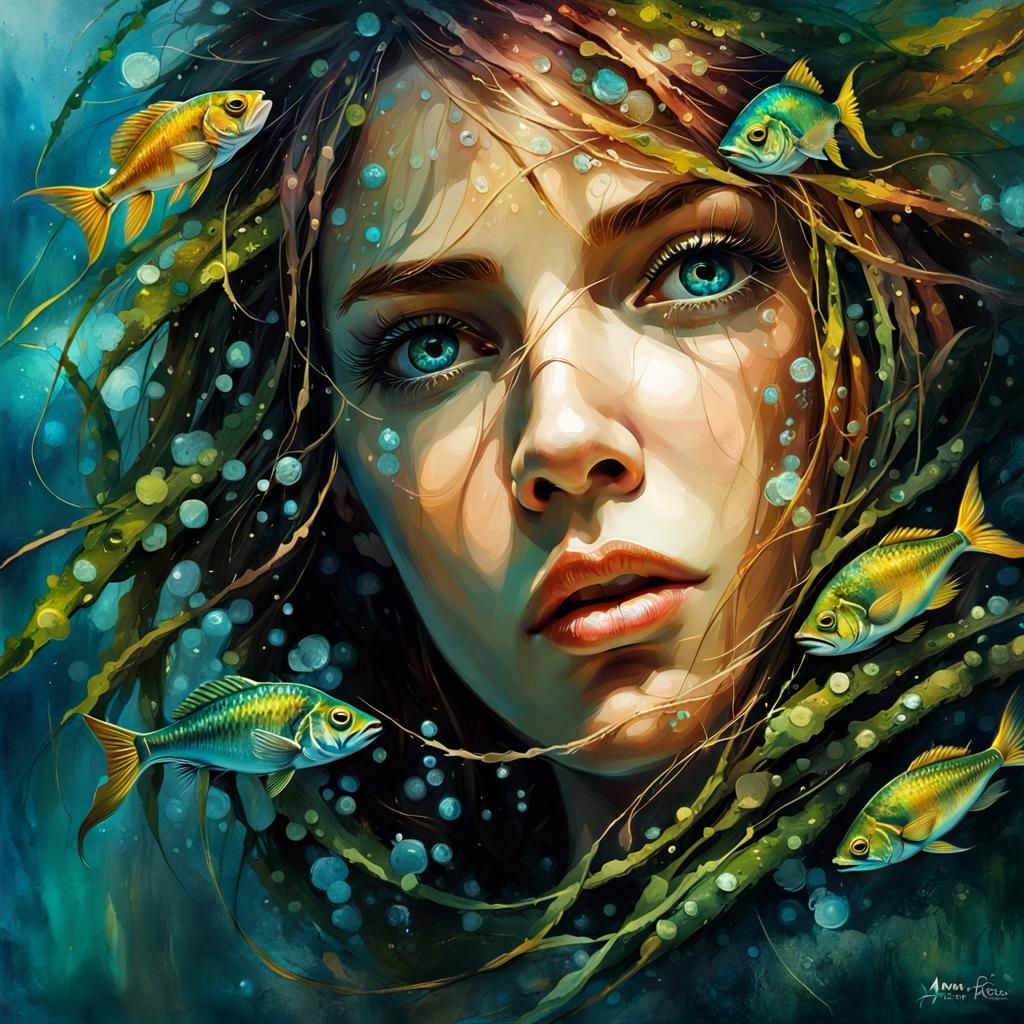Enchanted Underwater Portrait: Distressed Beauty amidst Kelp