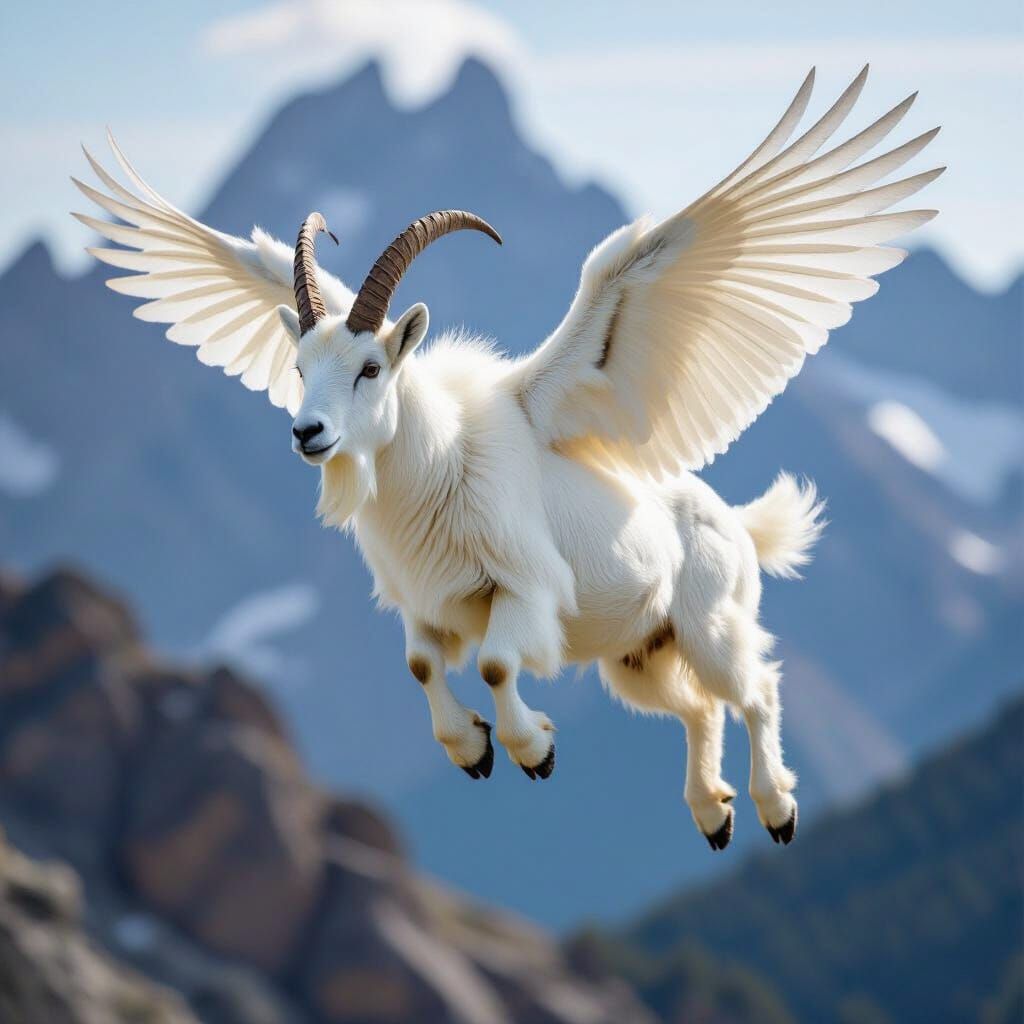 Winged Mountain Goat Flying Over Mountain Range