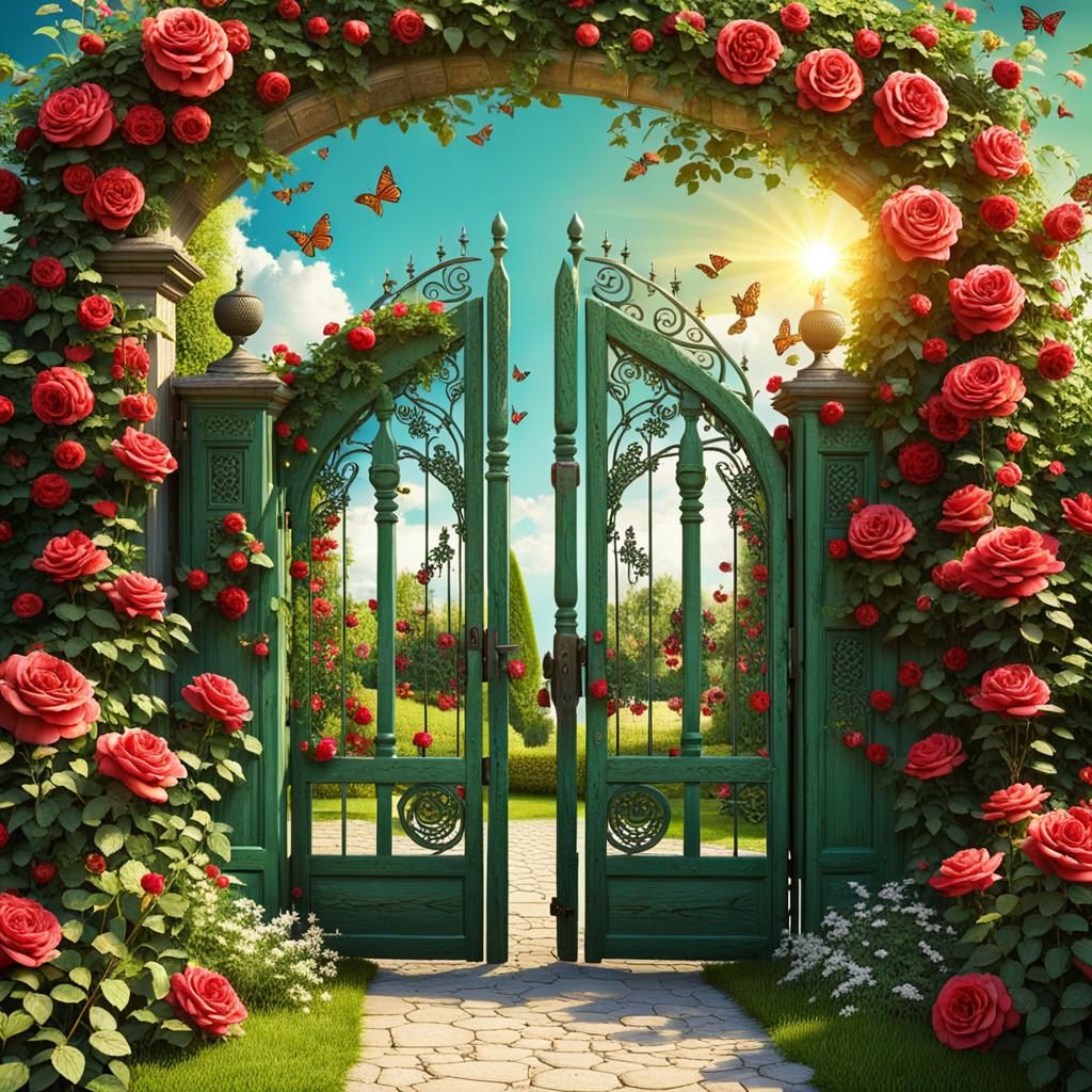 Stunning Green Wooden Garden Gate in a Secret Floral Paradis...