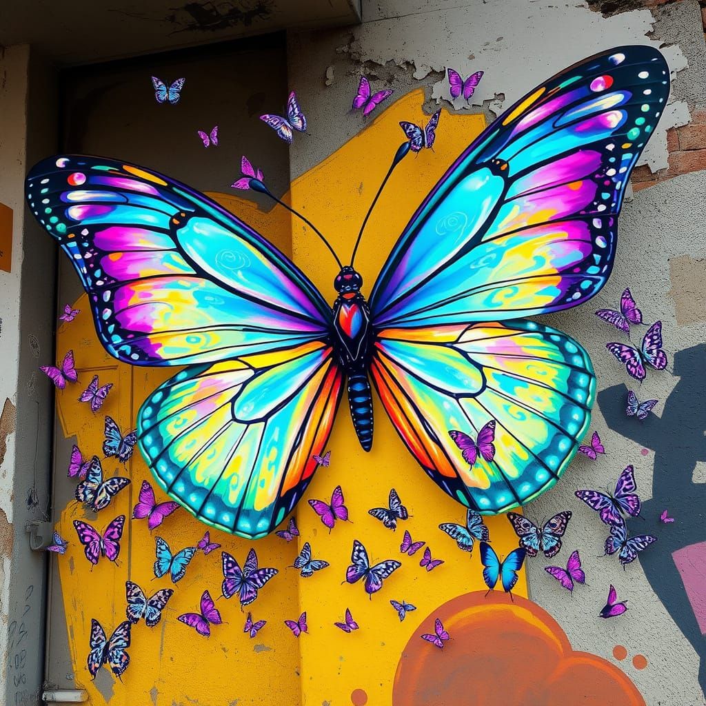 Vibrant Butterfly in Urban Dreamscape with Glittering Compan...