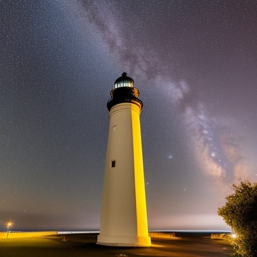 Glowing Lighthouse Illuminates Starry Night Sky