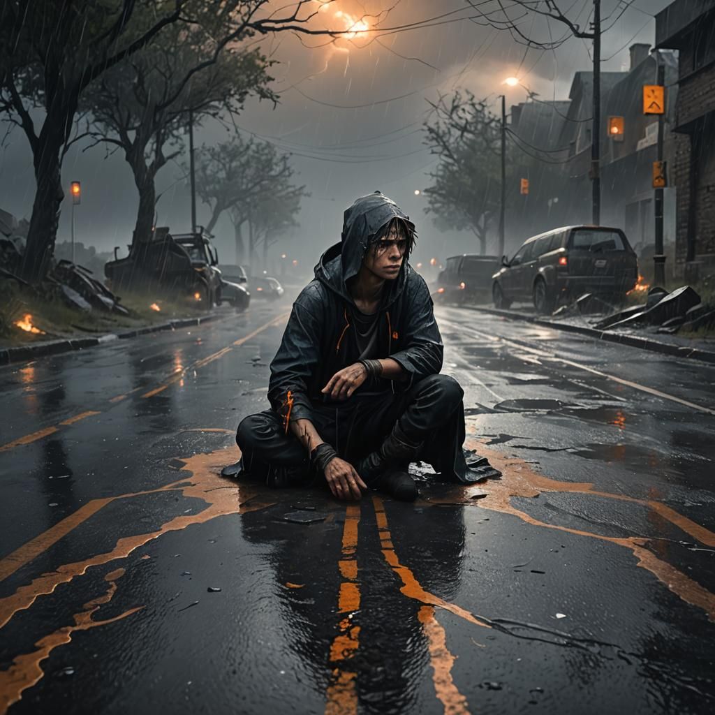 Dark Fantasy Boy in Turbulent Stormy Weather