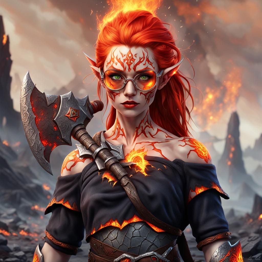 Fiery Elf Warrior Wields Ax Amidst Lava Cracks
