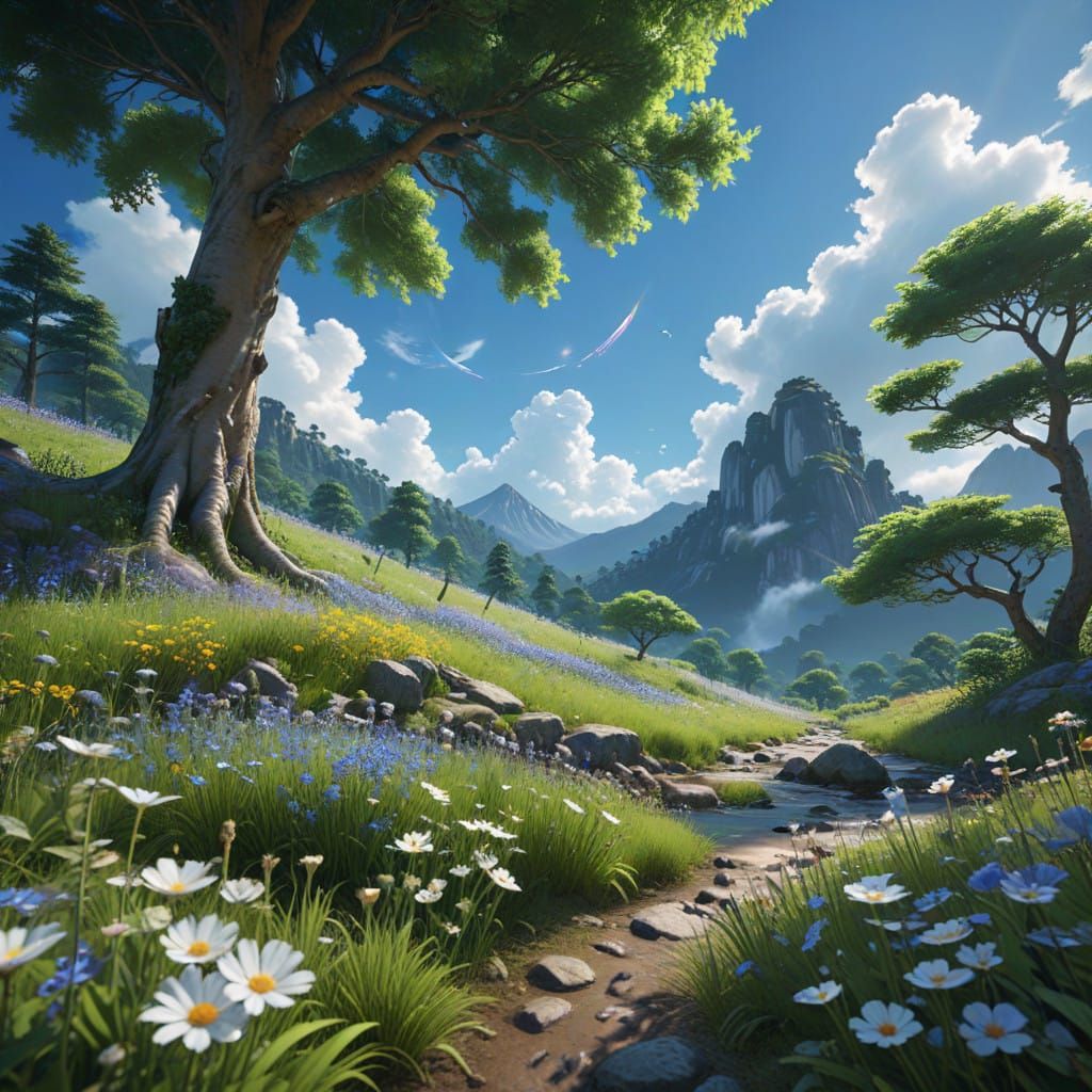 Serene Wildflower Meadow in Vibrant 3D Anime Style
