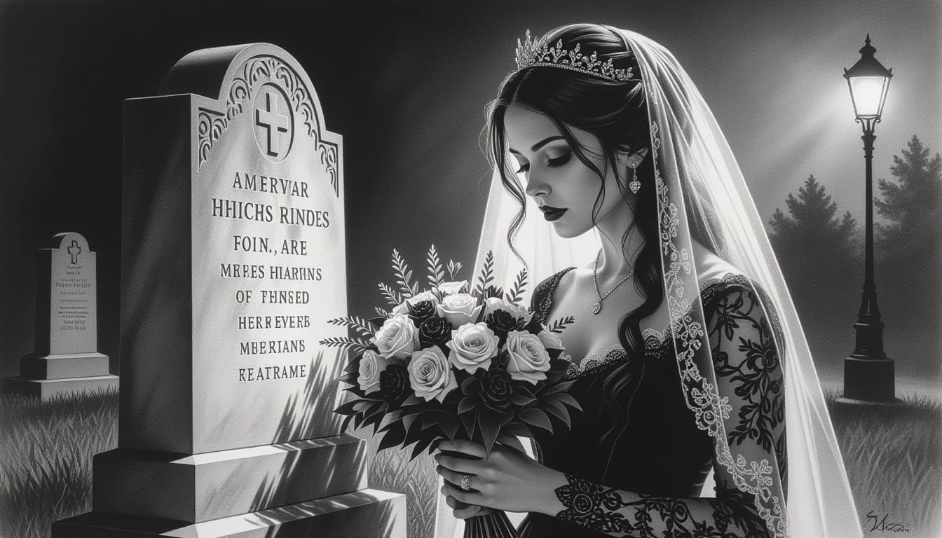Goth Woman Mourns at Wife's Grave in Charcoal Drawing
