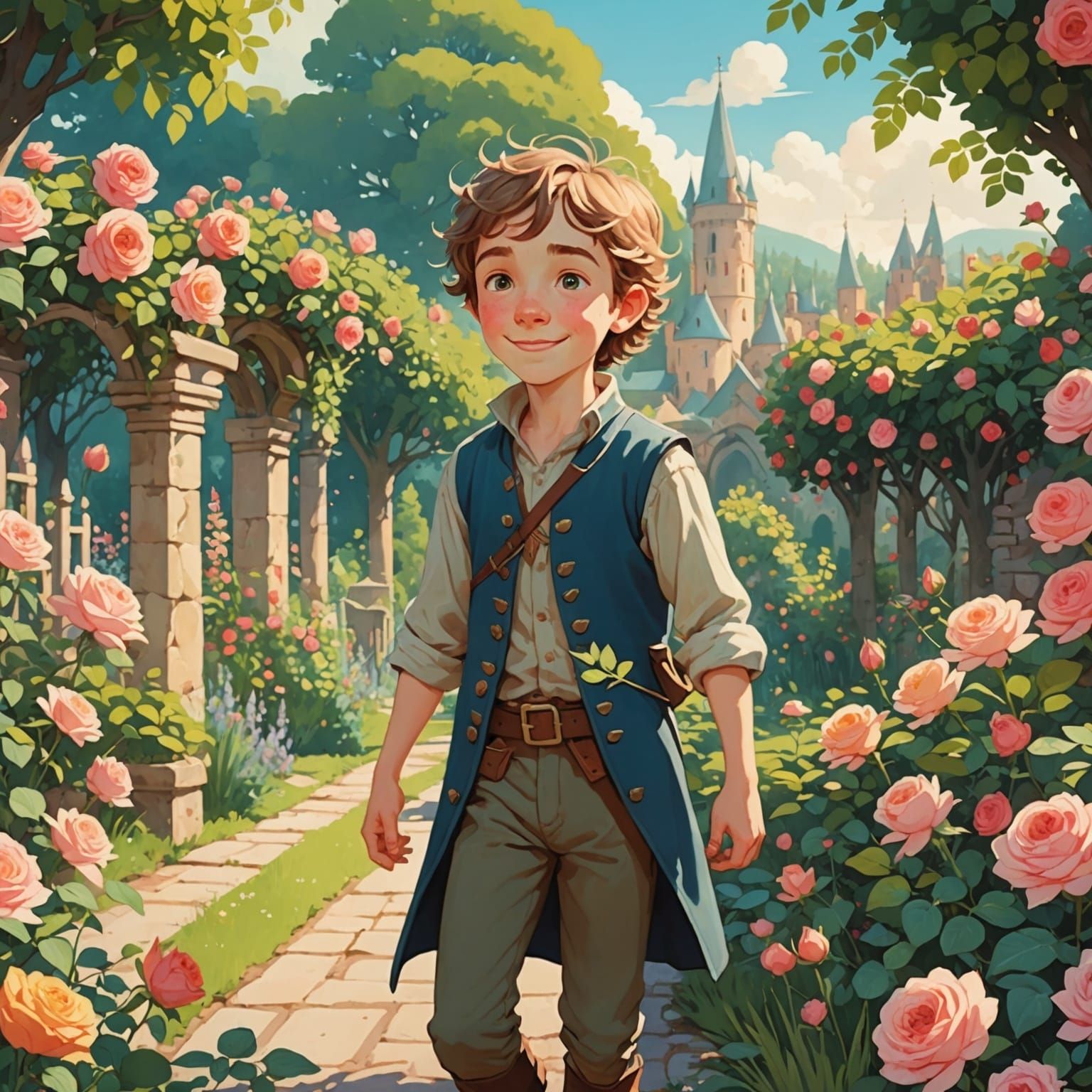 Medieval Boy Surrounded by Vibrant Roses