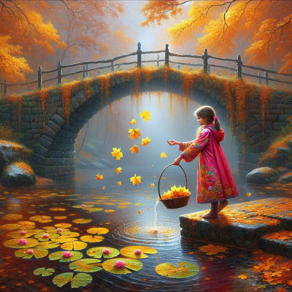 A Young Girl Tossing Leaves into a Tranquil Autumn River