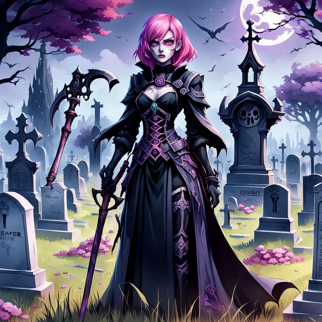 Pink Haired Reaper Collects Souls in a Haunting Cemetery Sce...