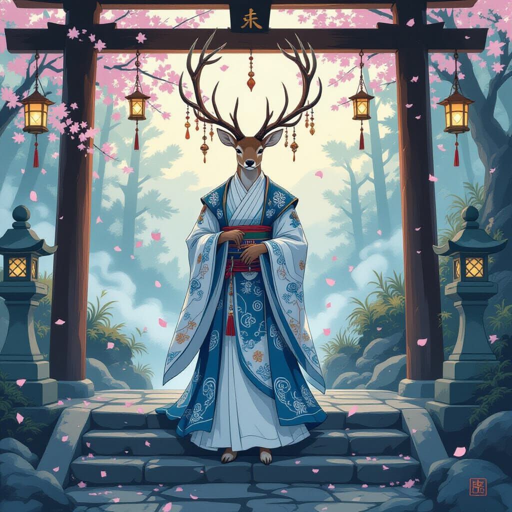 Deer Priest at Ancient Shrine in Sumi-e Style