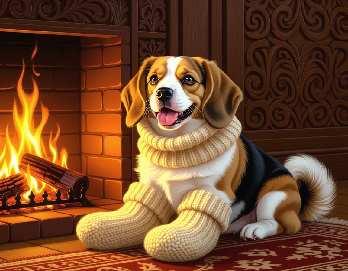 Adorable Beagle Puppy Portrait in Hyperrealistic Oil Paintin...