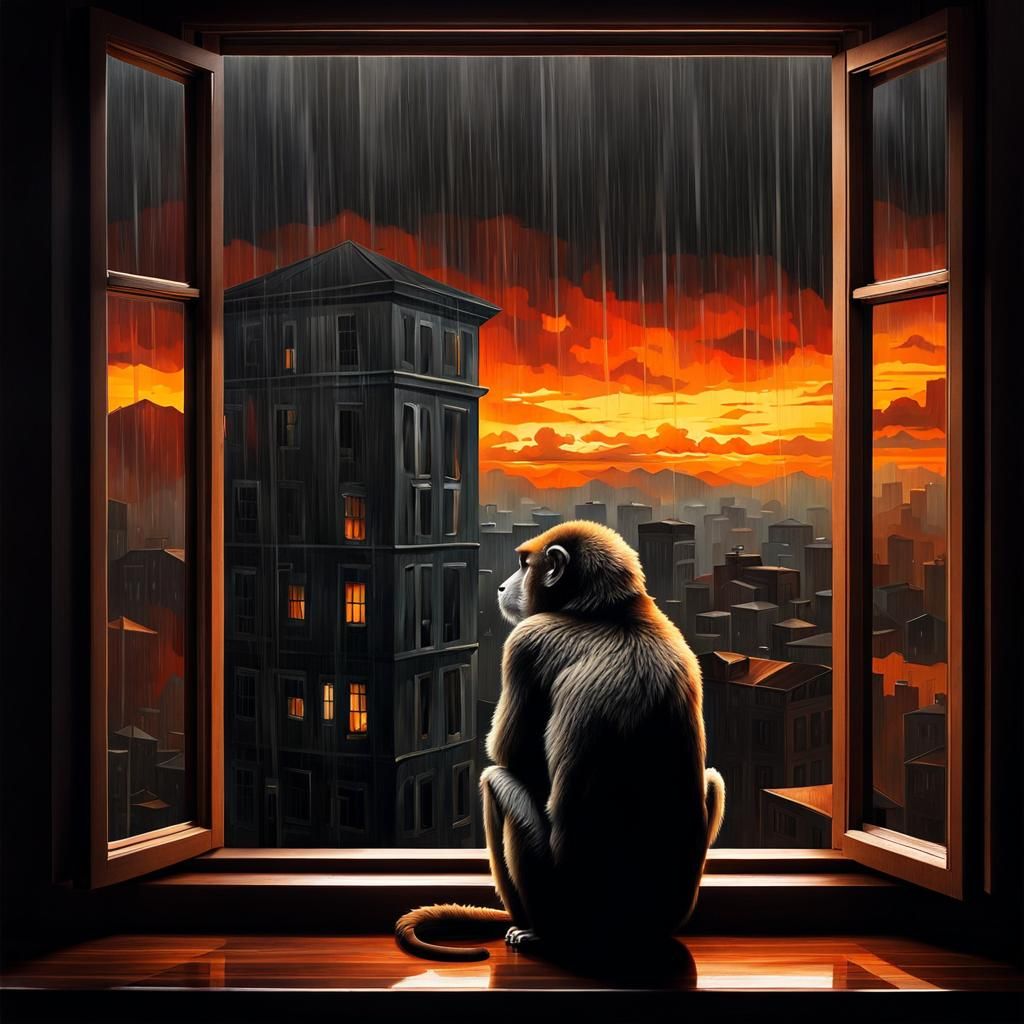 A Lonely Monkey Gazing Through Rainy Sunset Windows