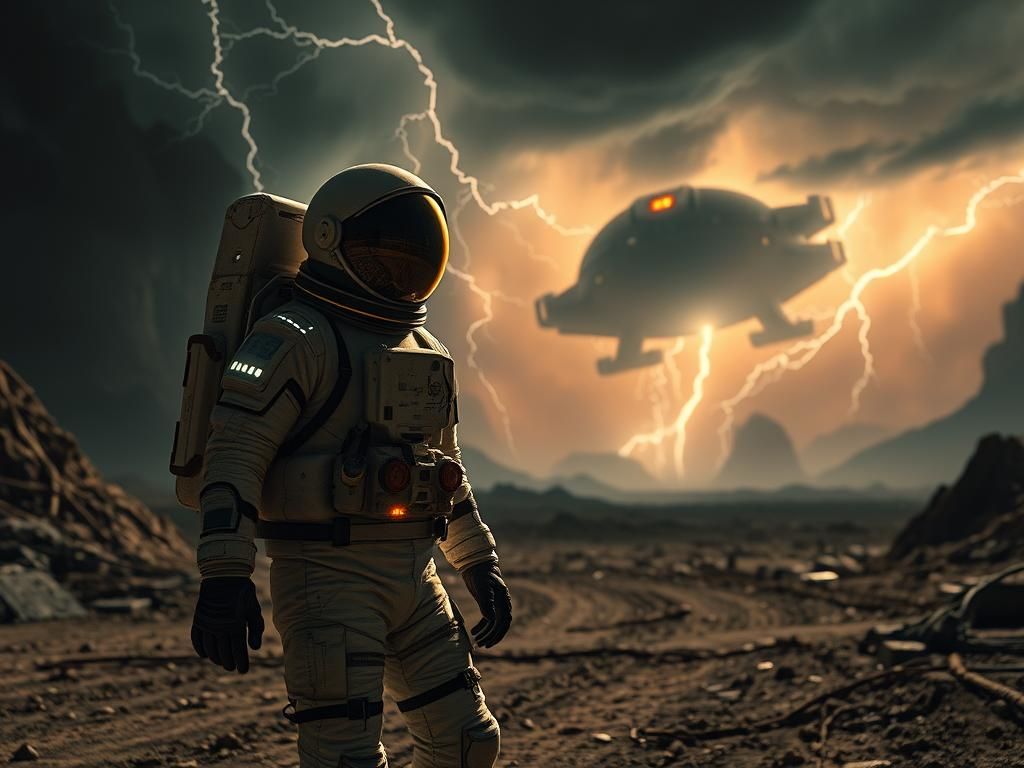 Astronaut Fleeing Storm on Desolate Planet 9 in Hyperrealist...