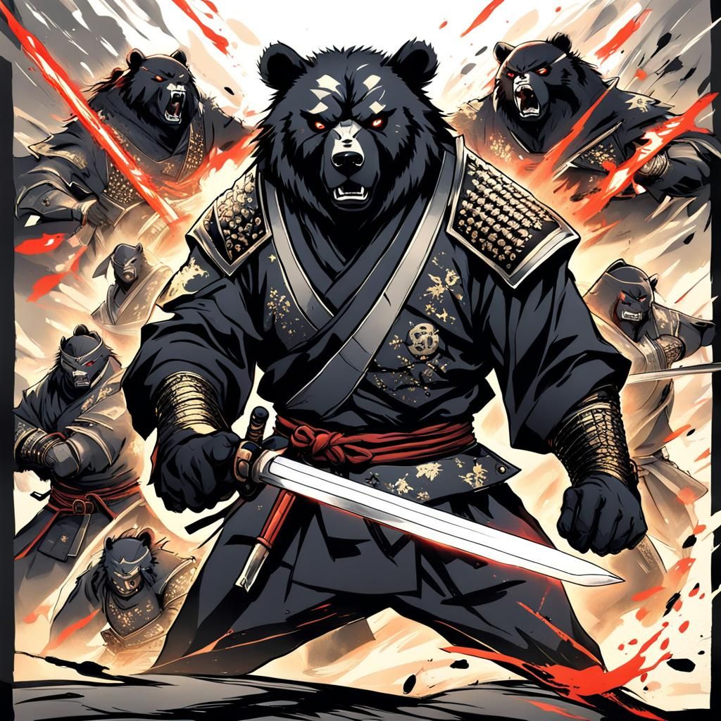 Cyberpunk Samurai Battles Fierce Bear Shinobi