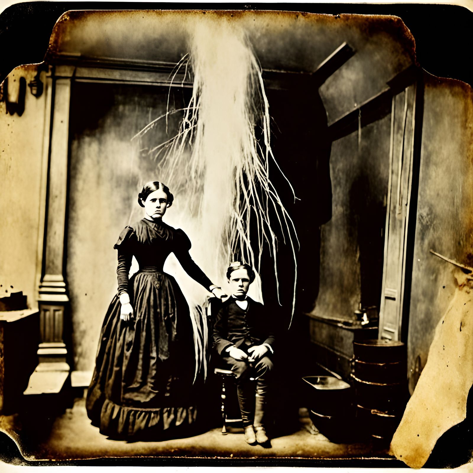 Mysterious Spirit in Faded Family Portrait