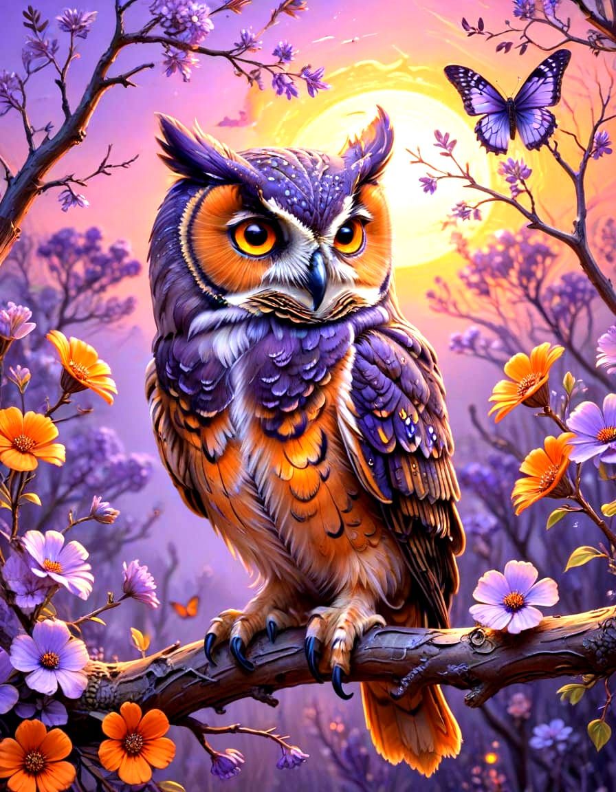 Vibrant Purple and Orange Owl in Sunset Landscape