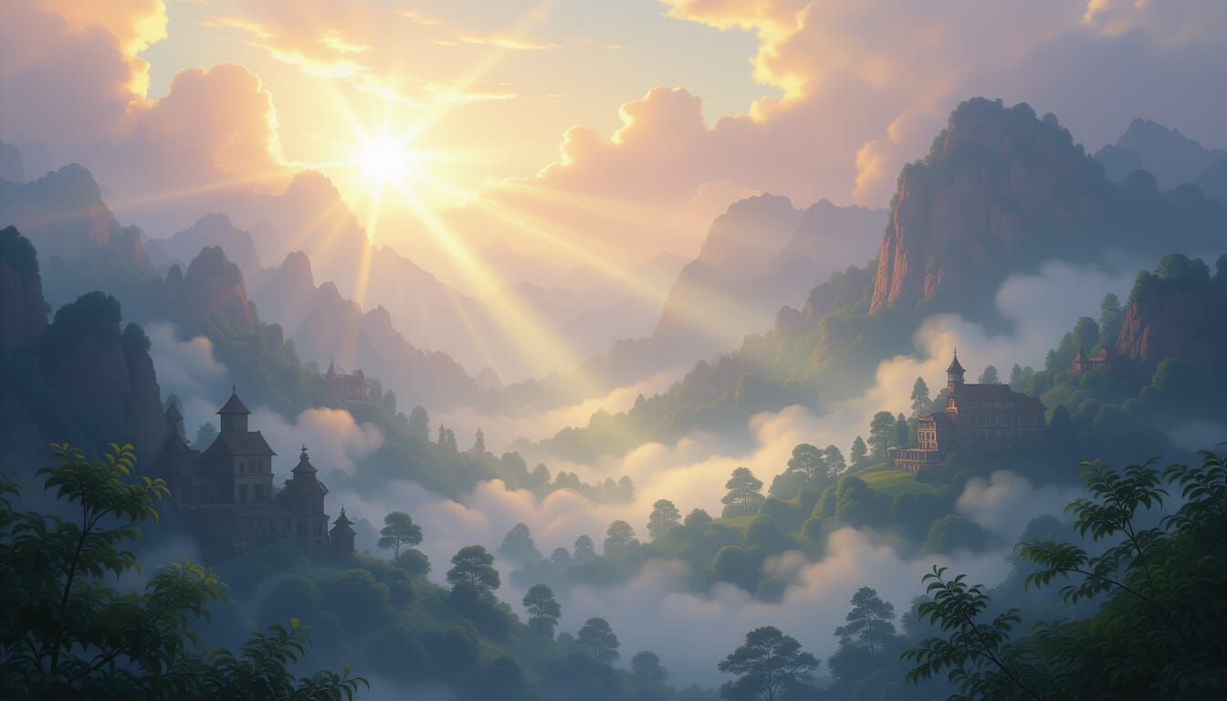 Ethereal Fantasy Landscape with Vibrant Colors and God Rays
