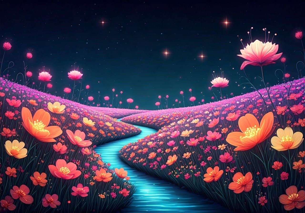 Vibrant Fantasy Bloom under a Celestial Sky