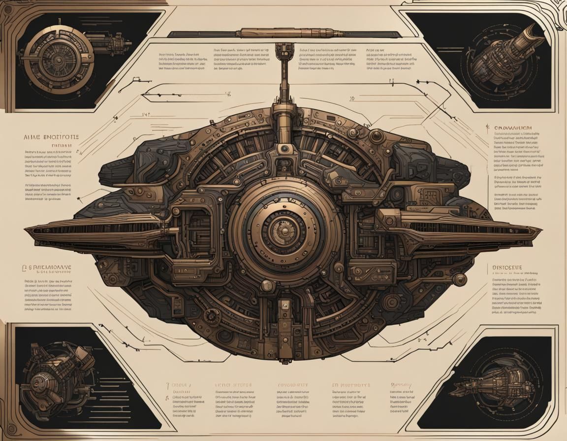 Epic Spaceship Engine Blueprint in Intricate Black and Bronz...