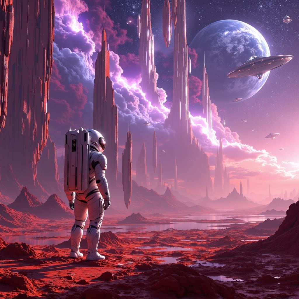 Astronaut Gazes at Earth from Crimson Planet