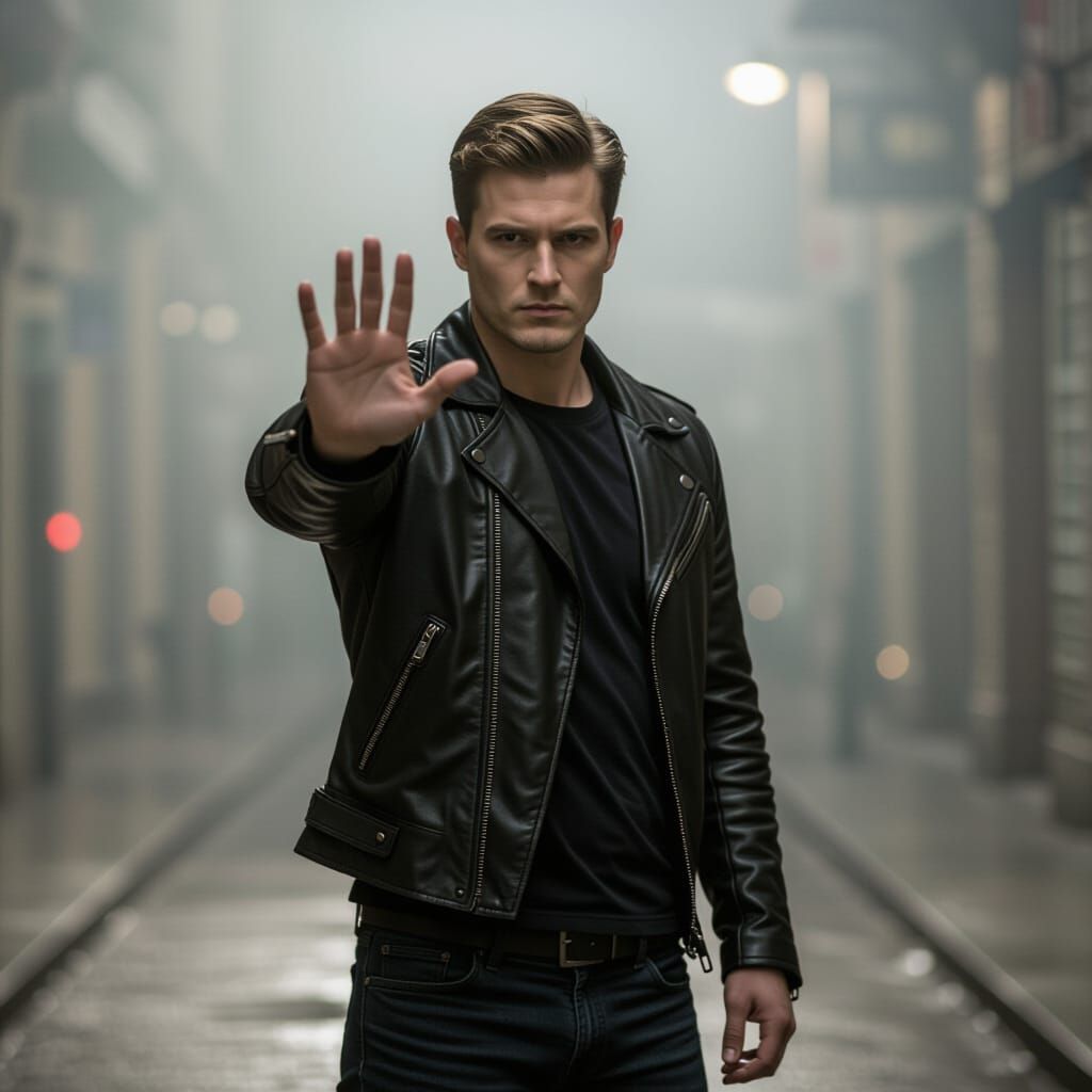 Man Protecting Personal Space with Dramatic Lighting