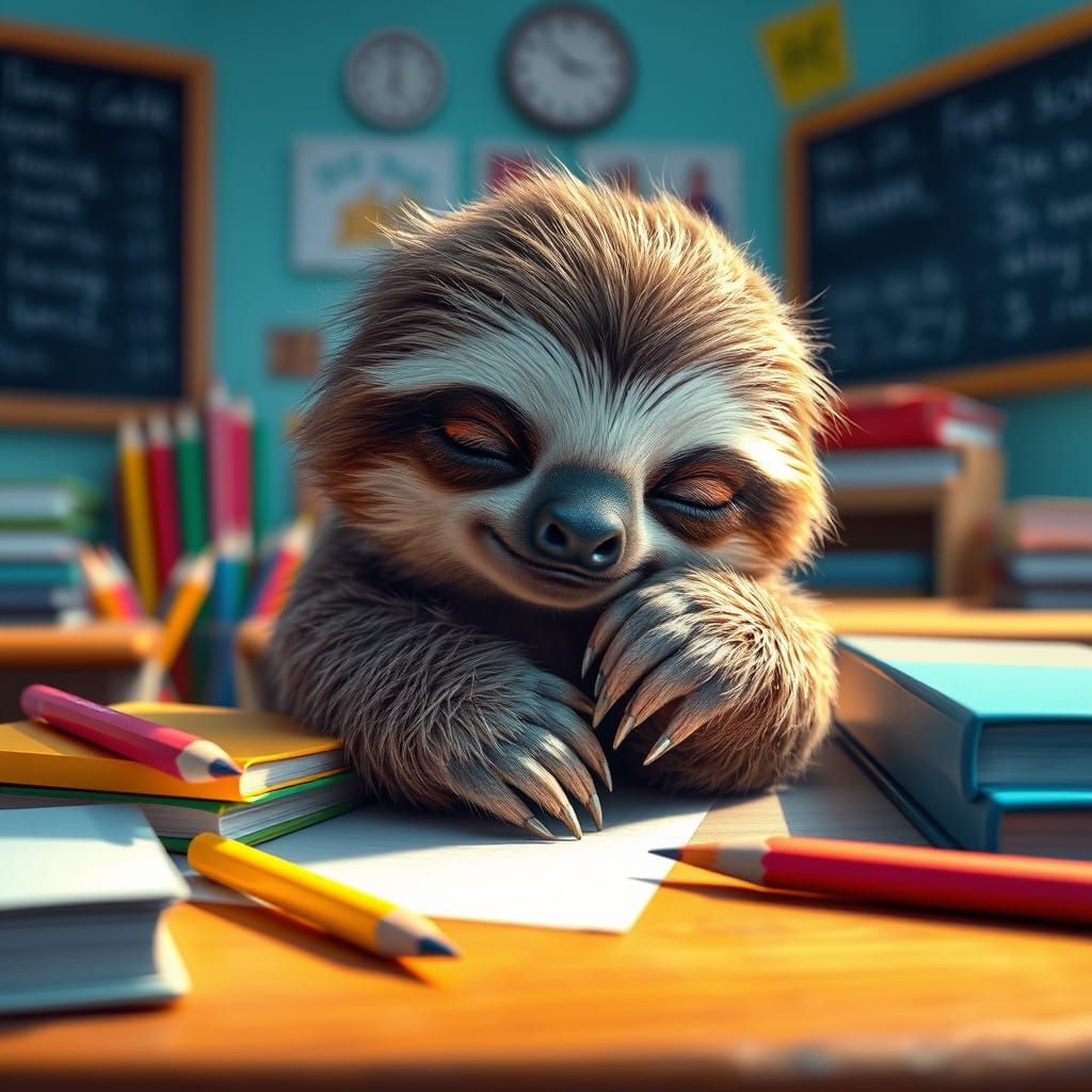 Adorable Sloth Sleeping in Vibrant School Setting