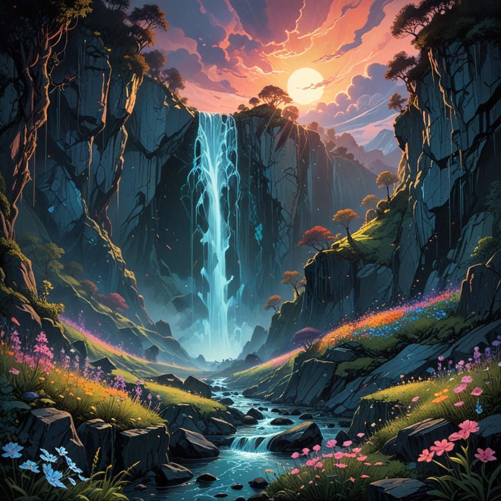 Mystical waterfall dances in vibrant twilight hues