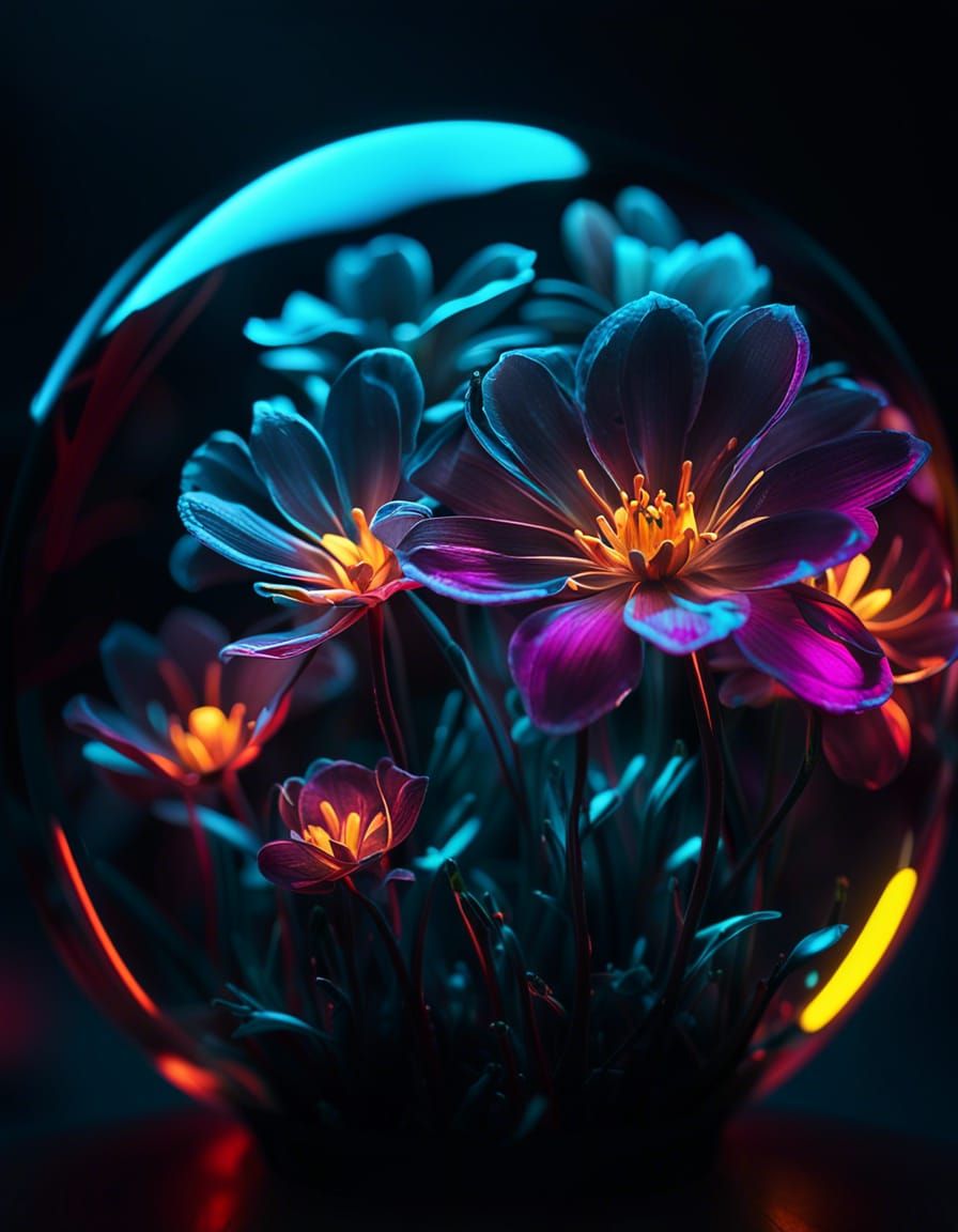 Surreal Macro Marvels: Glowing Neon Blooms in a Glass Orb
