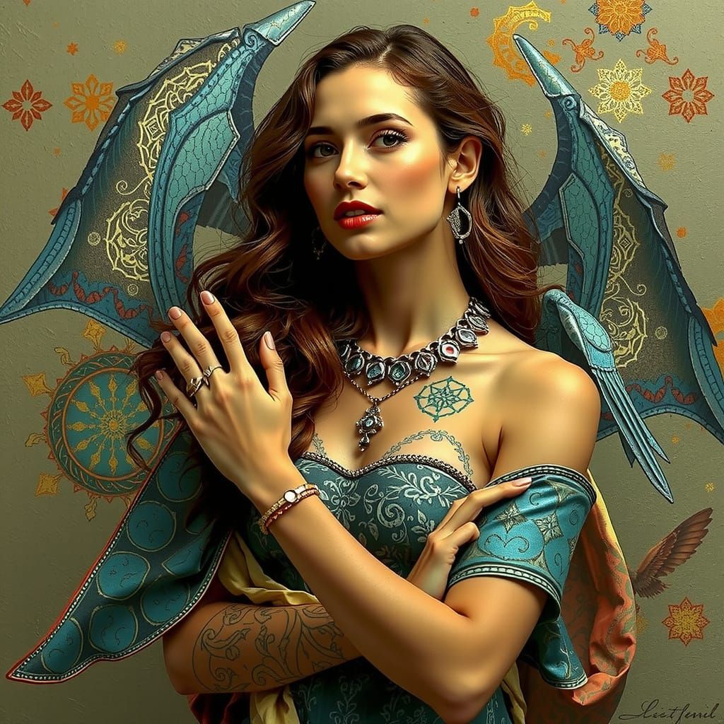 Woman with Calligraphic Tattoos in Vibrant Digital Art