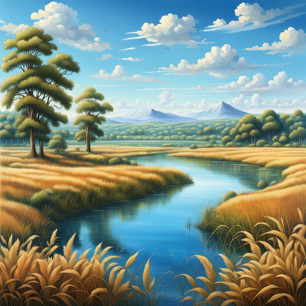 A Serene Countryside Scene Depicted in Hyperrealistic Style