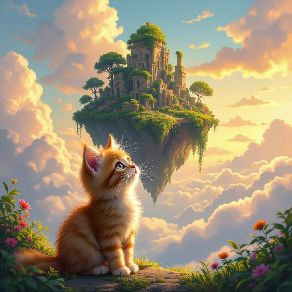 Kitten Gazes at Majestic Sky Island in Golden Hour
