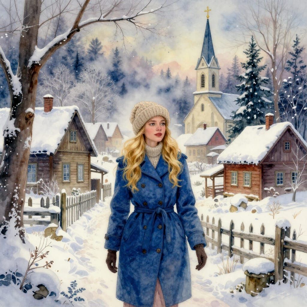Woman in Winter Village Watercolor Painting