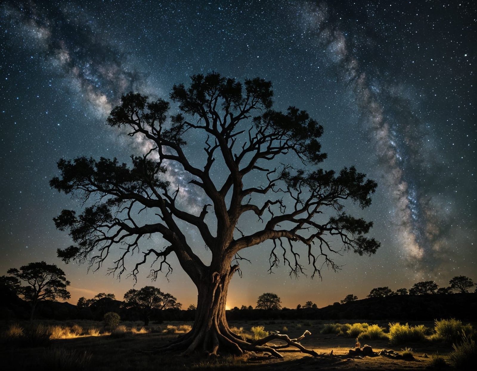 Ethereal Starry Night with Twisted Tree