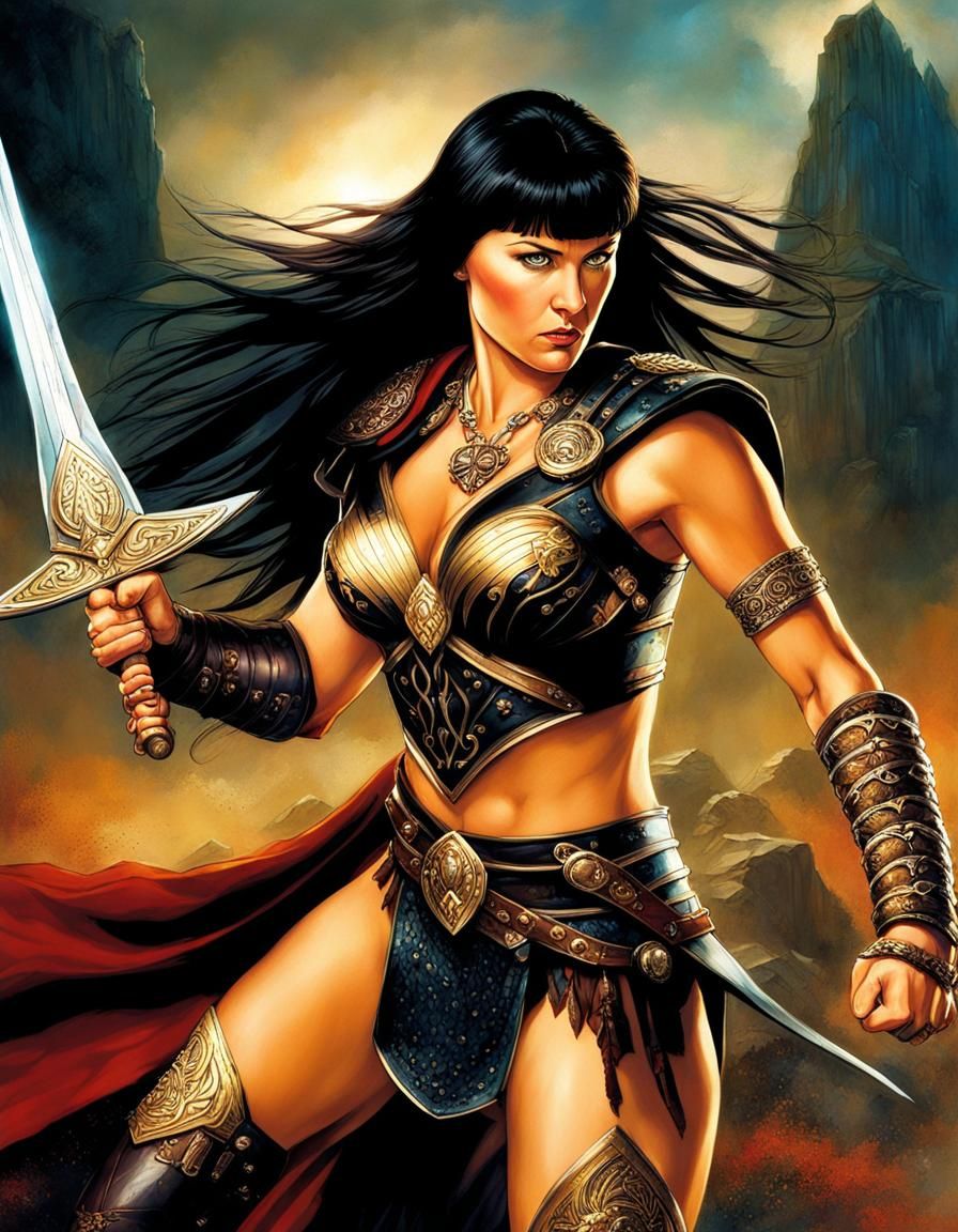 Lucy Lawless as Xena in Hyperrealistic Fighting Stance