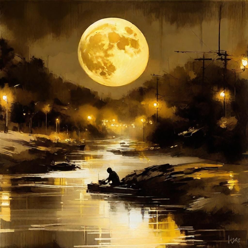 Surreal Sienne River Landscape Under Full Moonlight