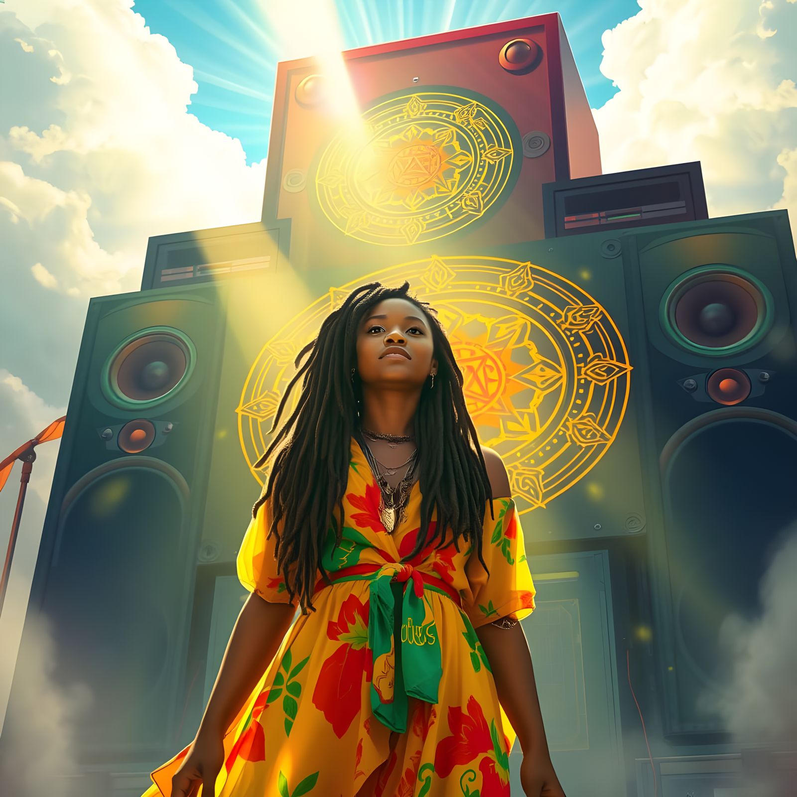 Vibrant Reggae Goddess Surrounded by Prophecy Symbols