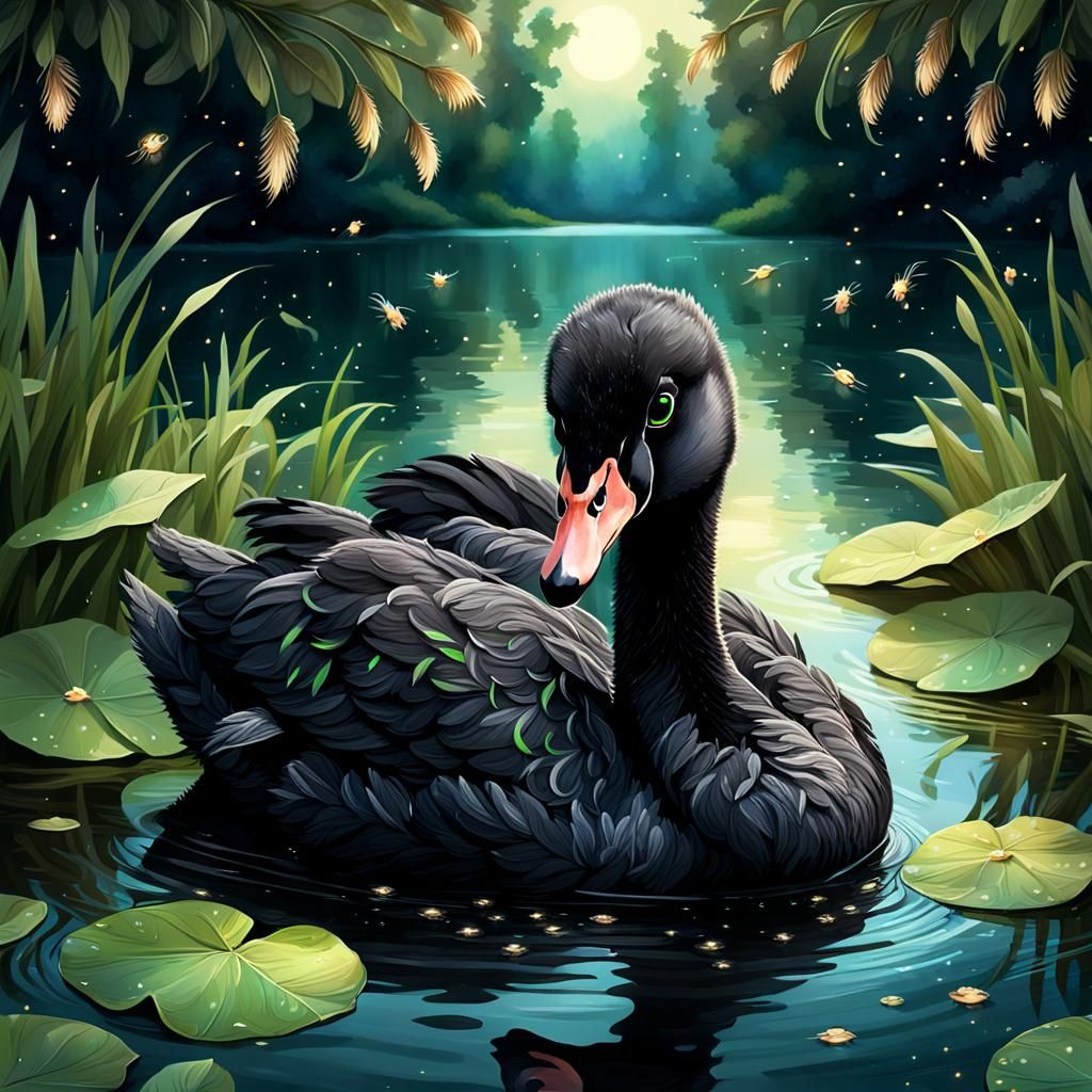 Hyper-Realistic Black Swan in Enchanting Nighttime Lake Scen...