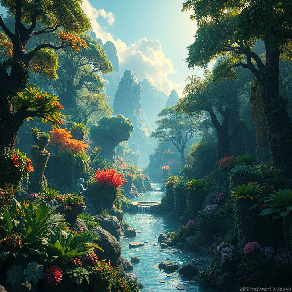 Vibrant Garden of Eden Fantasy Landscape in Matte Painting S...