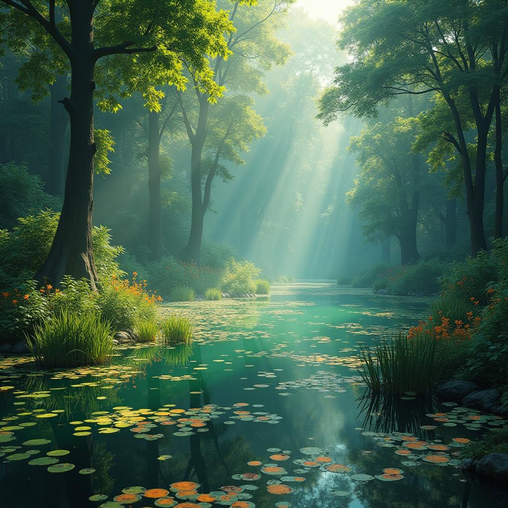 Dreamy Pond Scene in Whimsical Fantasy Art Style