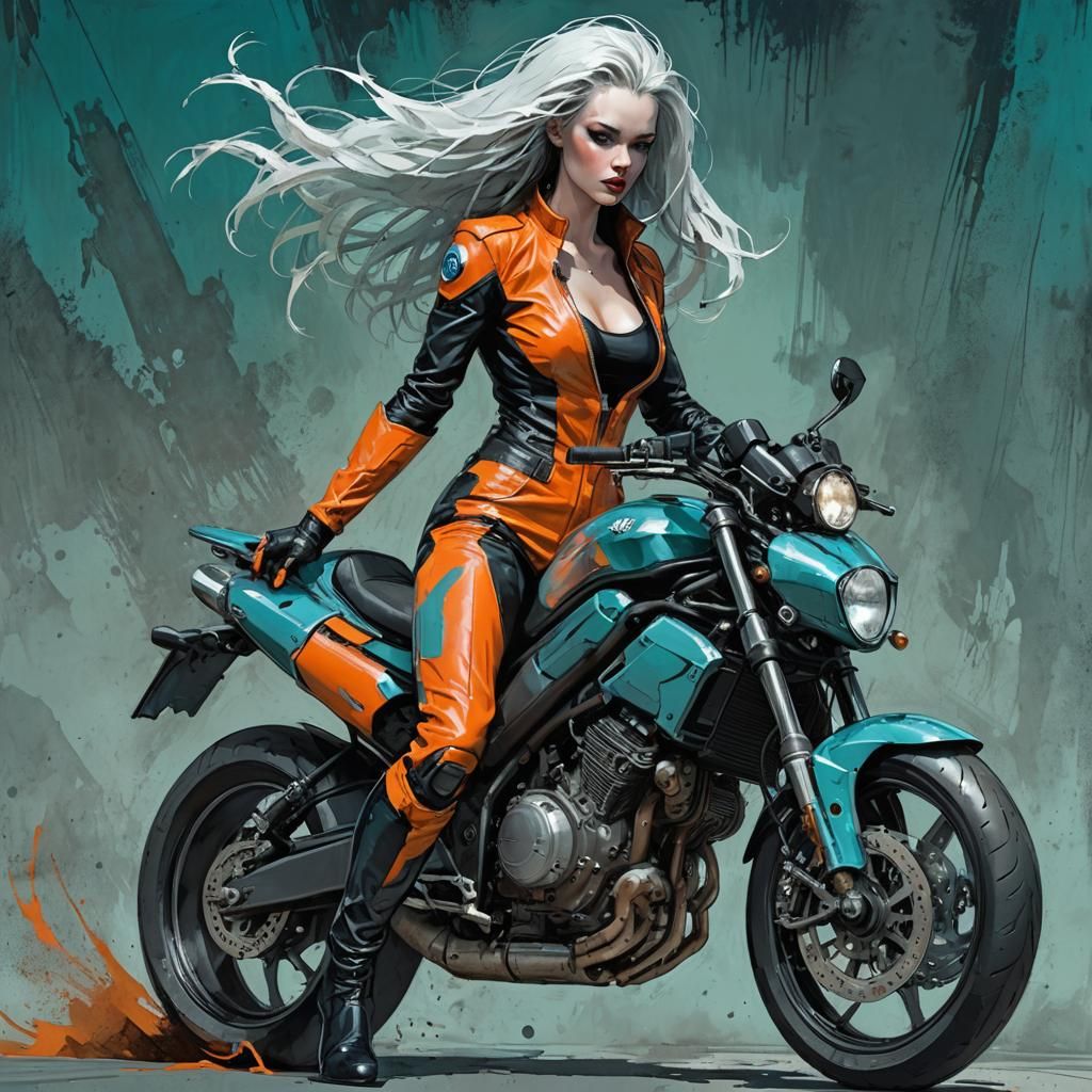 Gothic Goddess on Dark Motorcycle in Bold Brushstrokes