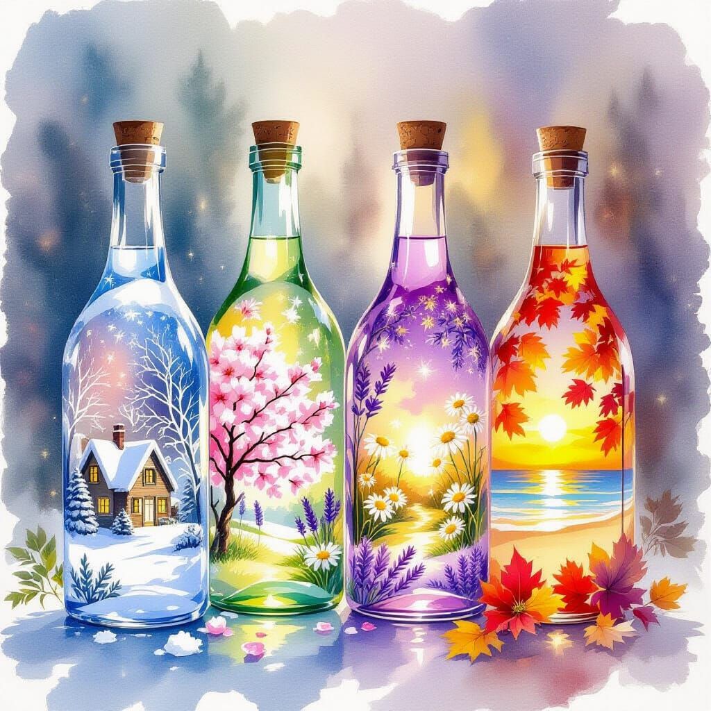 Four Seasons Bottles Watercolor Painting