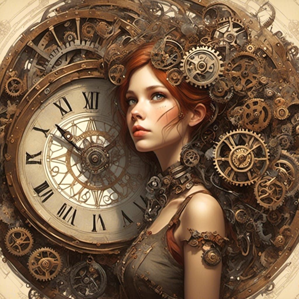 <lora:steam dreams 2:1.0> Steampunk , watch parts, gears ,  woman  madevout of mechanical parts ,