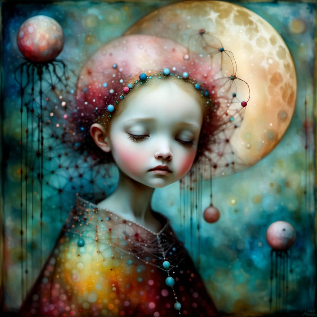 Exquisite Child Amidst Celestial Web in Postmodern Style