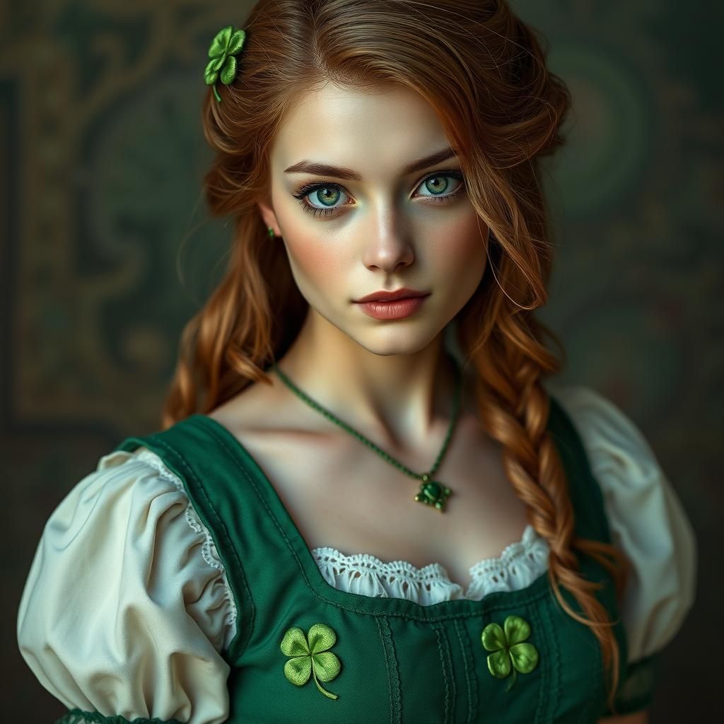 Hyperrealistic Portrait of a Green-Dressed Irish Maiden