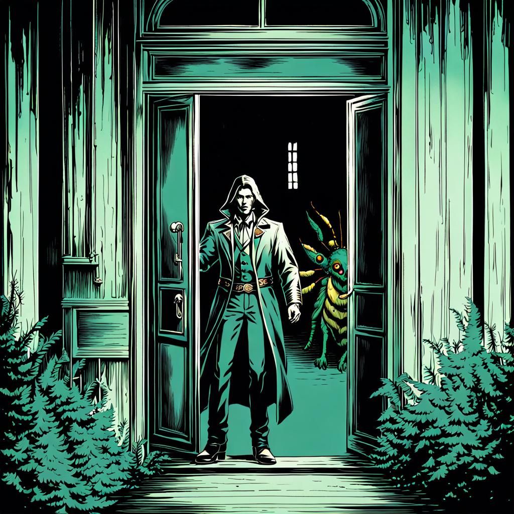 Horseman Emerges From Snow Manor Front Door Into Dark Wester...