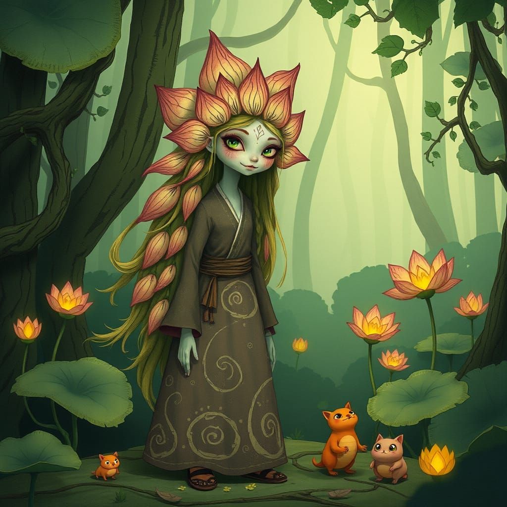 Whimsical Forest Spirit in Lotus-Inspired Regalia