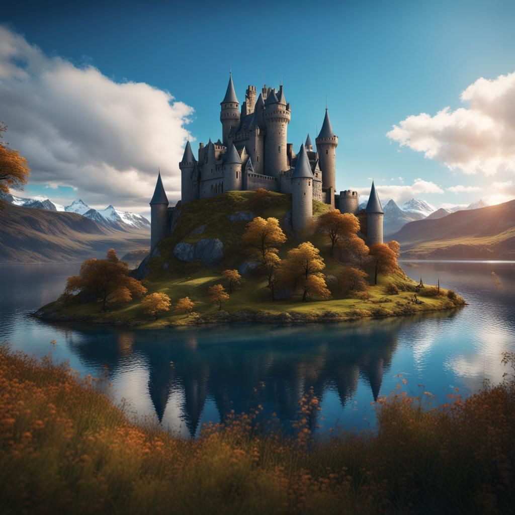 Enchanted Scottish Highland Castle Amidst Majestic Azure Wat...