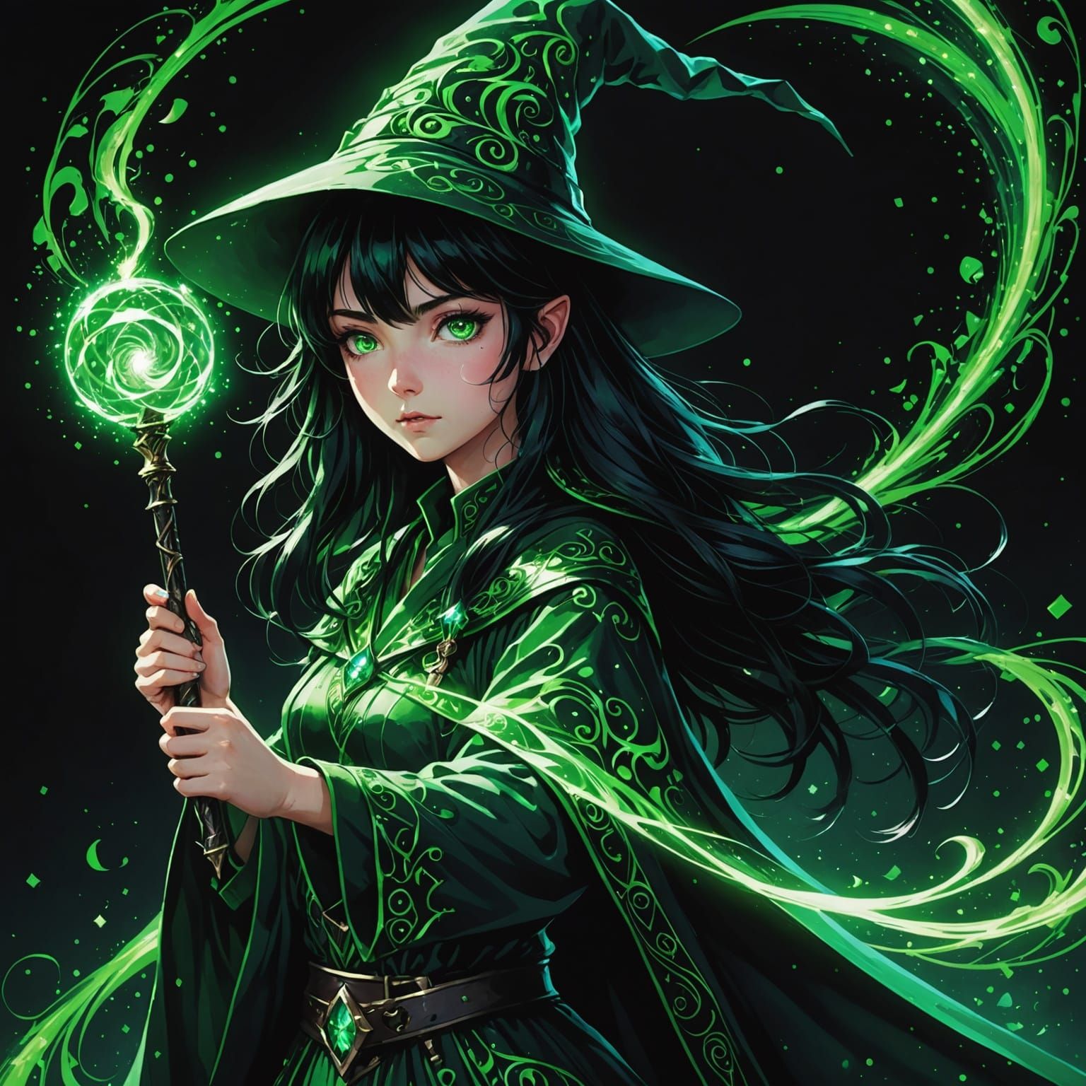 Mystic Wizard Channels Neon Magic in Chiaroscuro