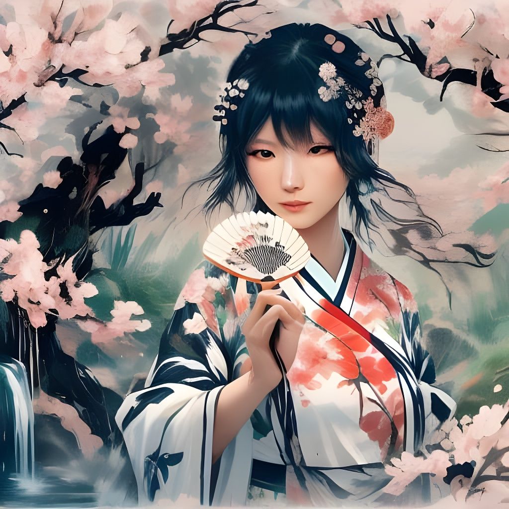 Japanese Woman with Fan in Chinese Garden